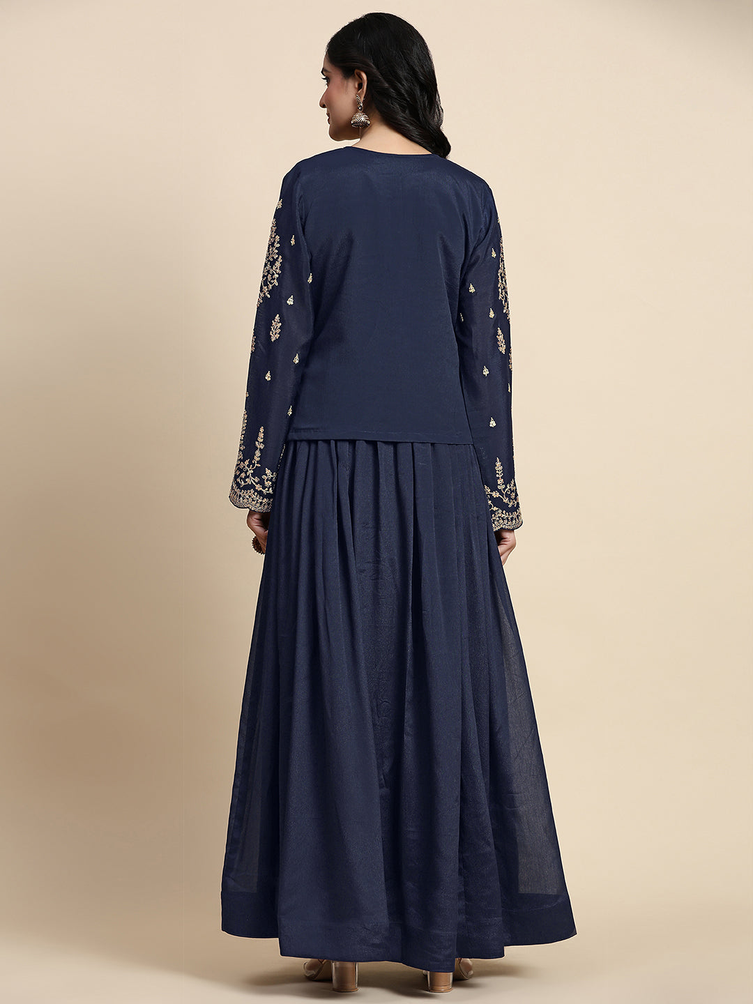 Blue Silk Blend Embroidery Alia Cut Salwar Suit Set with Dupatta For Women's Trendmalls