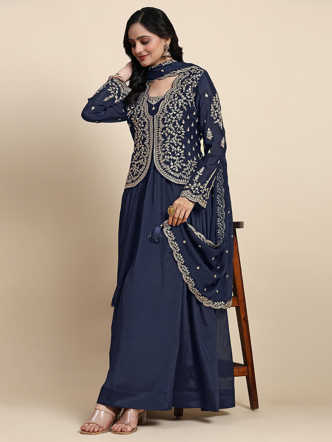 Blue Silk Blend Embroidery Alia Cut Salwar Suit Set with Dupatta For Women's Trendmalls