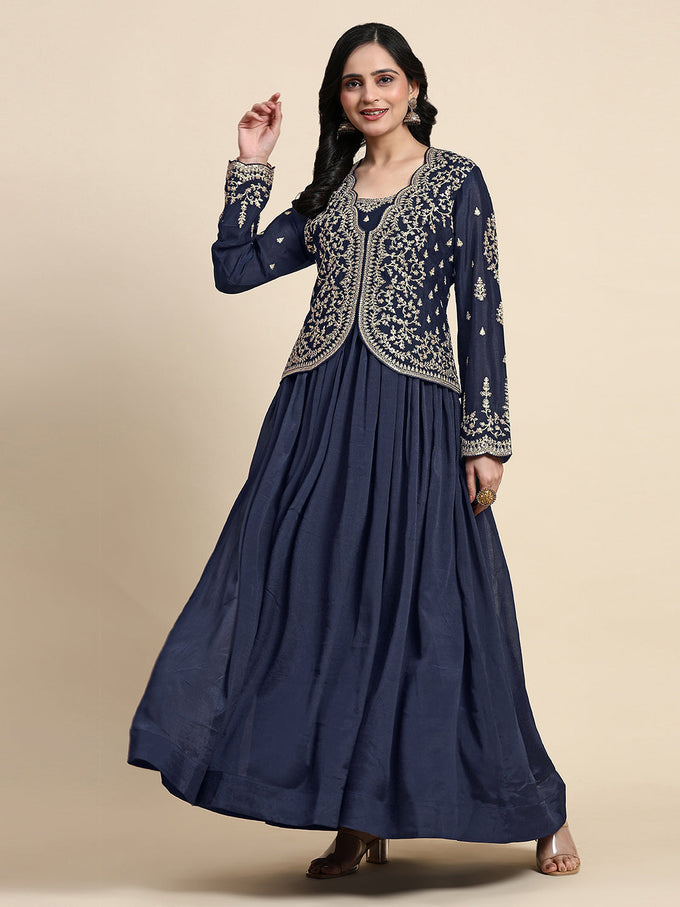 Blue Silk Blend Embroidery Alia Cut Salwar Suit Set with Dupatta For Women's Trendmalls