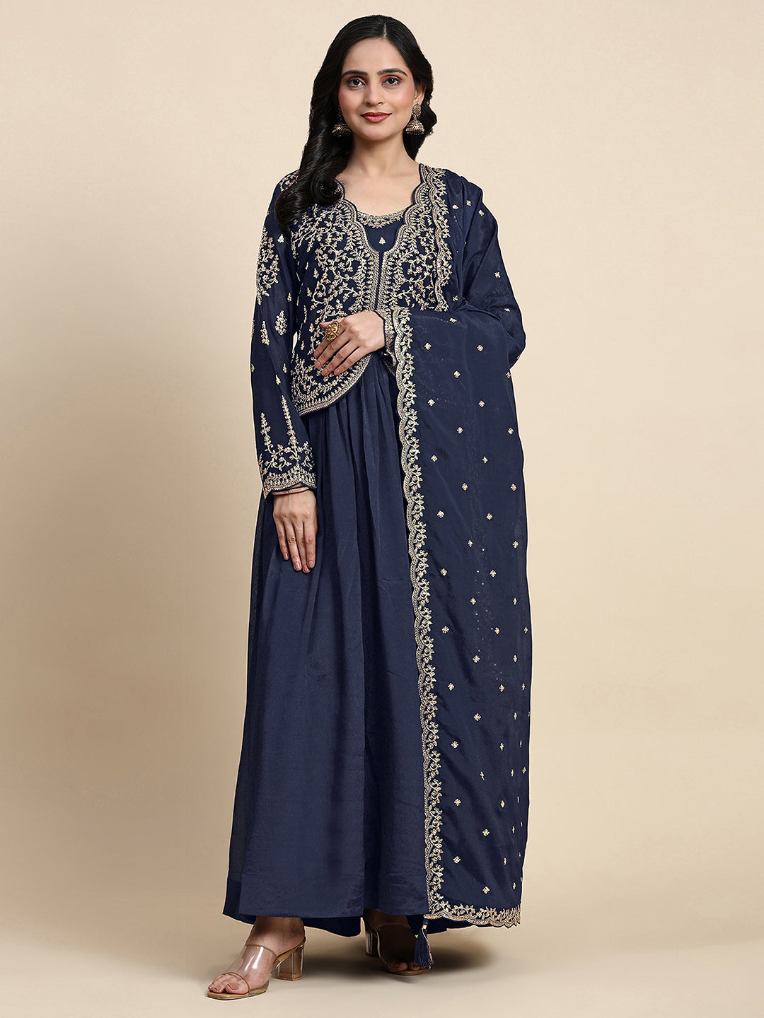 Blue Silk Blend Embroidery Alia Cut Salwar Suit Set with Dupatta For Women's Trendmalls