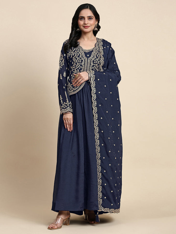 Blue Silk Blend Embroidery Alia Cut Salwar Suit Set with Dupatta For Women's Trendmalls