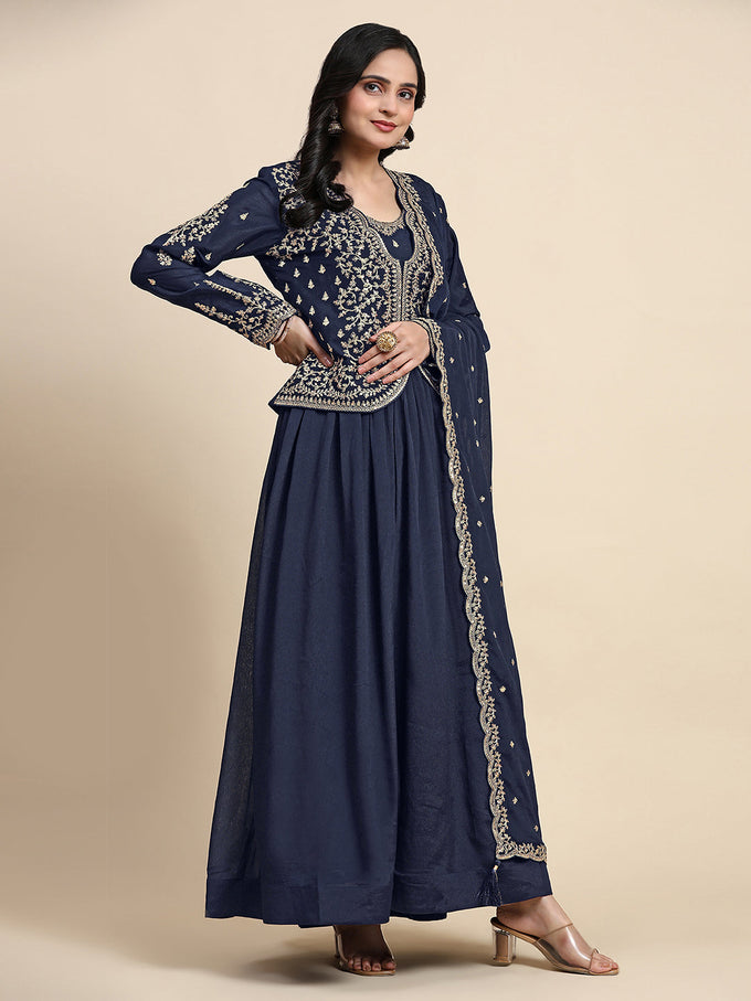 Blue Silk Blend Embroidery Alia Cut Salwar Suit Set with Dupatta For Women's Trendmalls