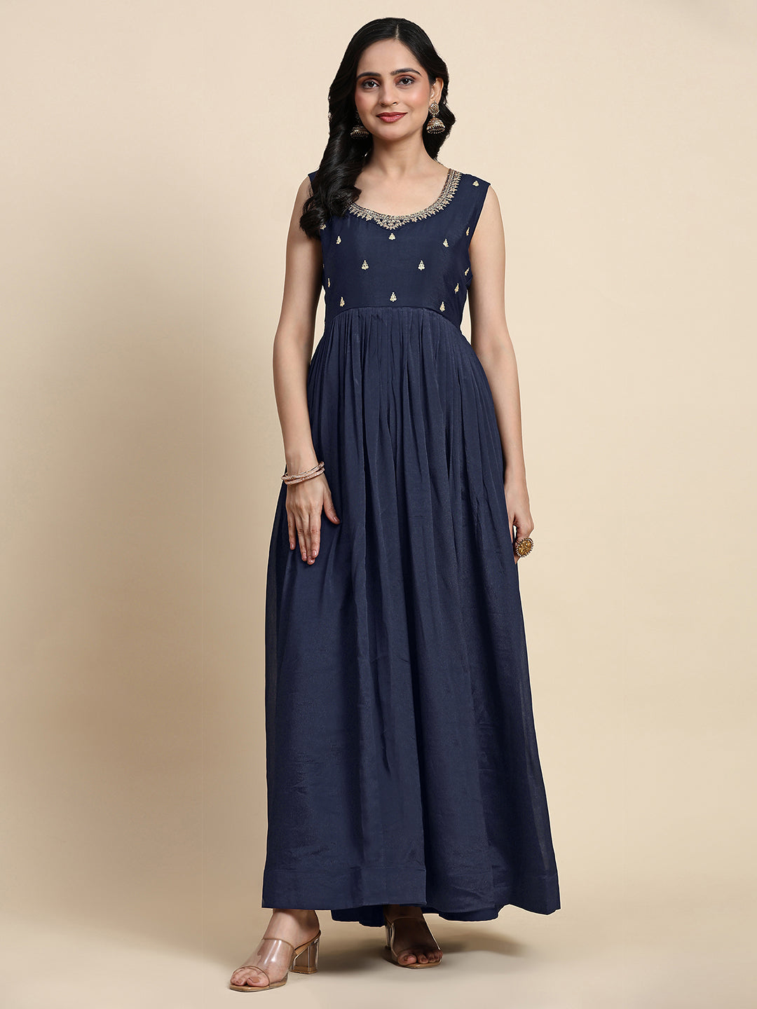 Blue Silk Blend Embroidery Alia Cut Salwar Suit Set with Dupatta For Women's Trendmalls