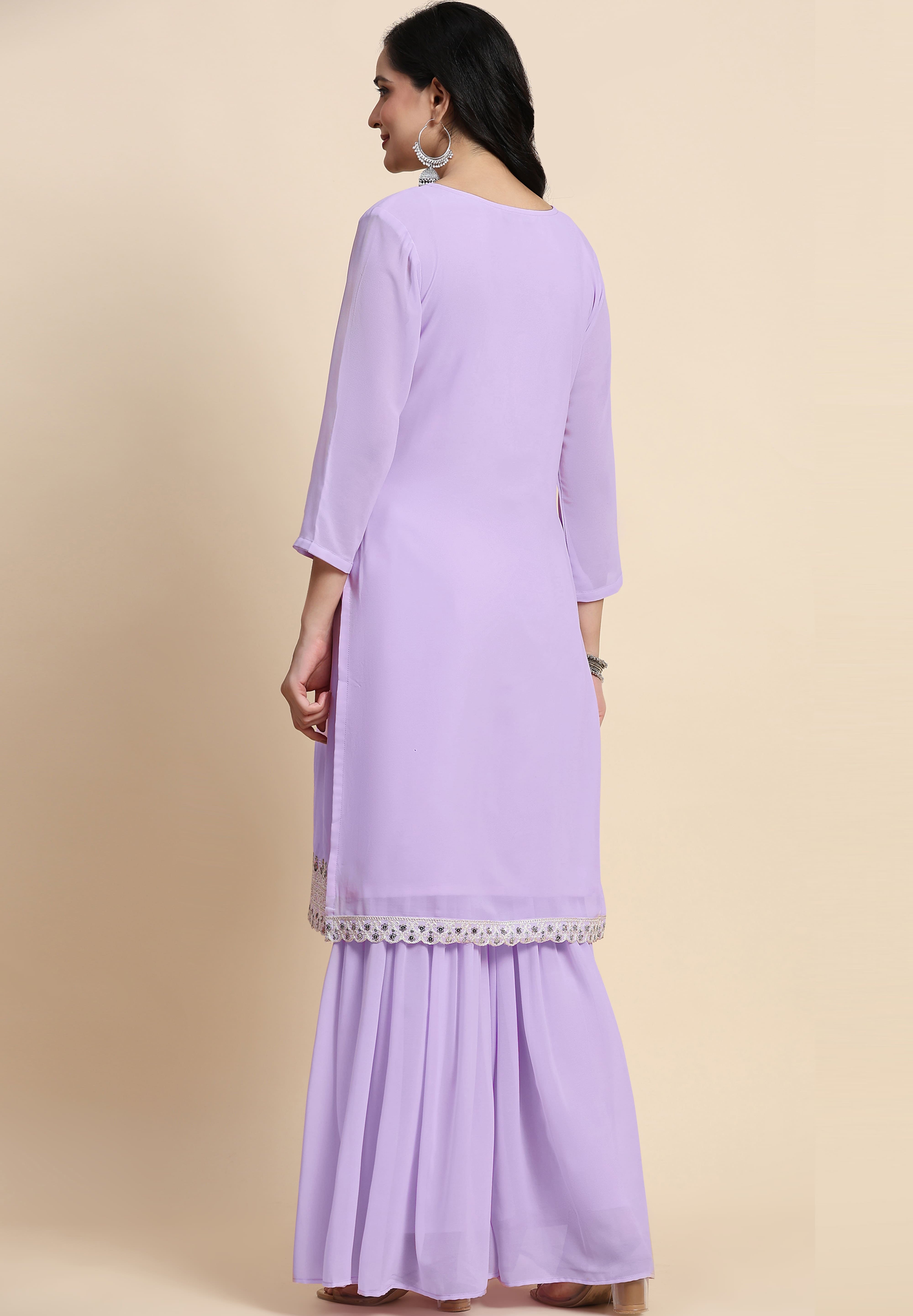 Light Purple Georgette Embroidery Sequins Work Kurta Sharara Set with Dupatta Kurta Set for Women Trendmallsin