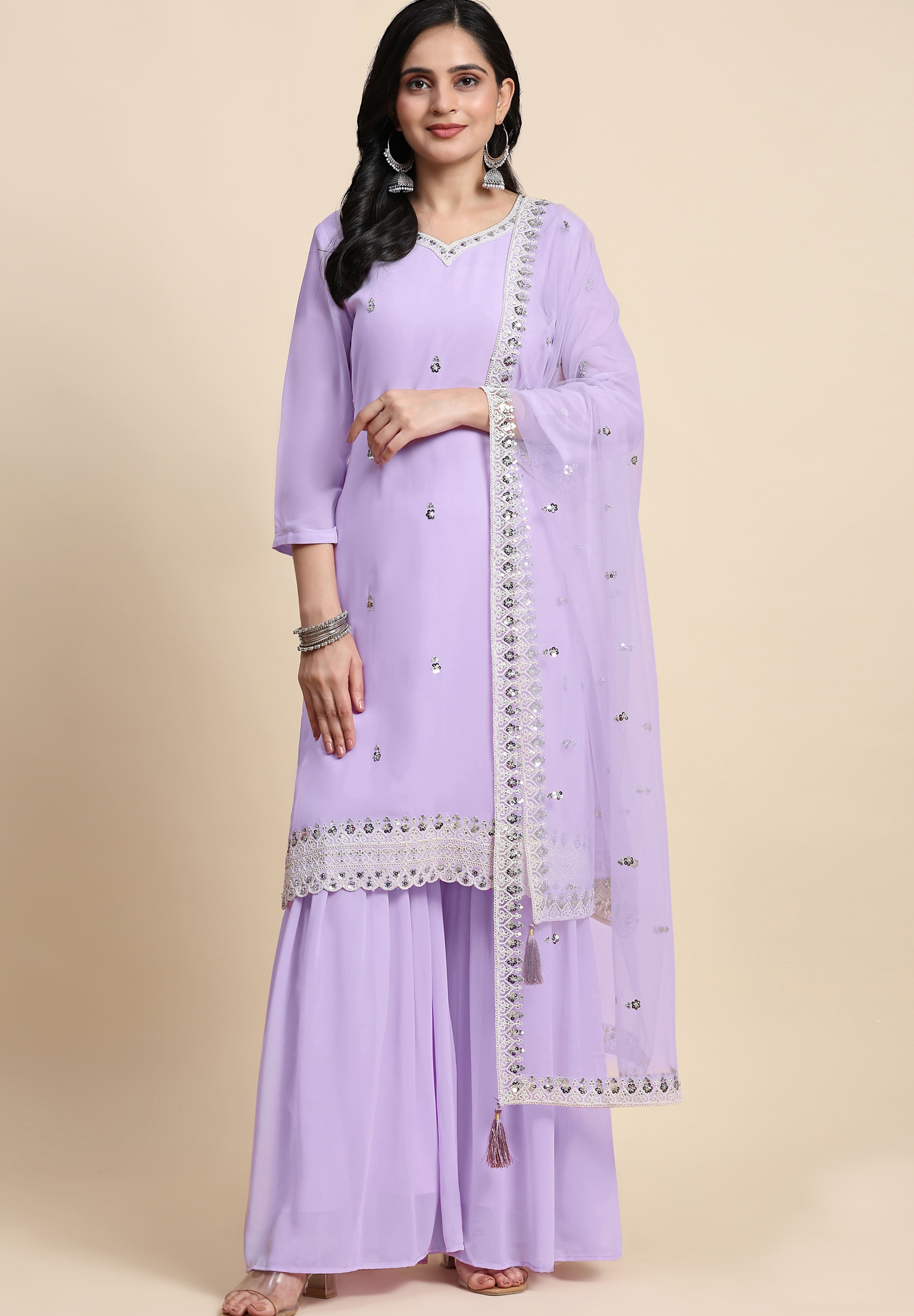 Light Purple Georgette Embroidery Sequins Work Kurta Sharara Set with Dupatta Kurta Set for Women Trendmallsin