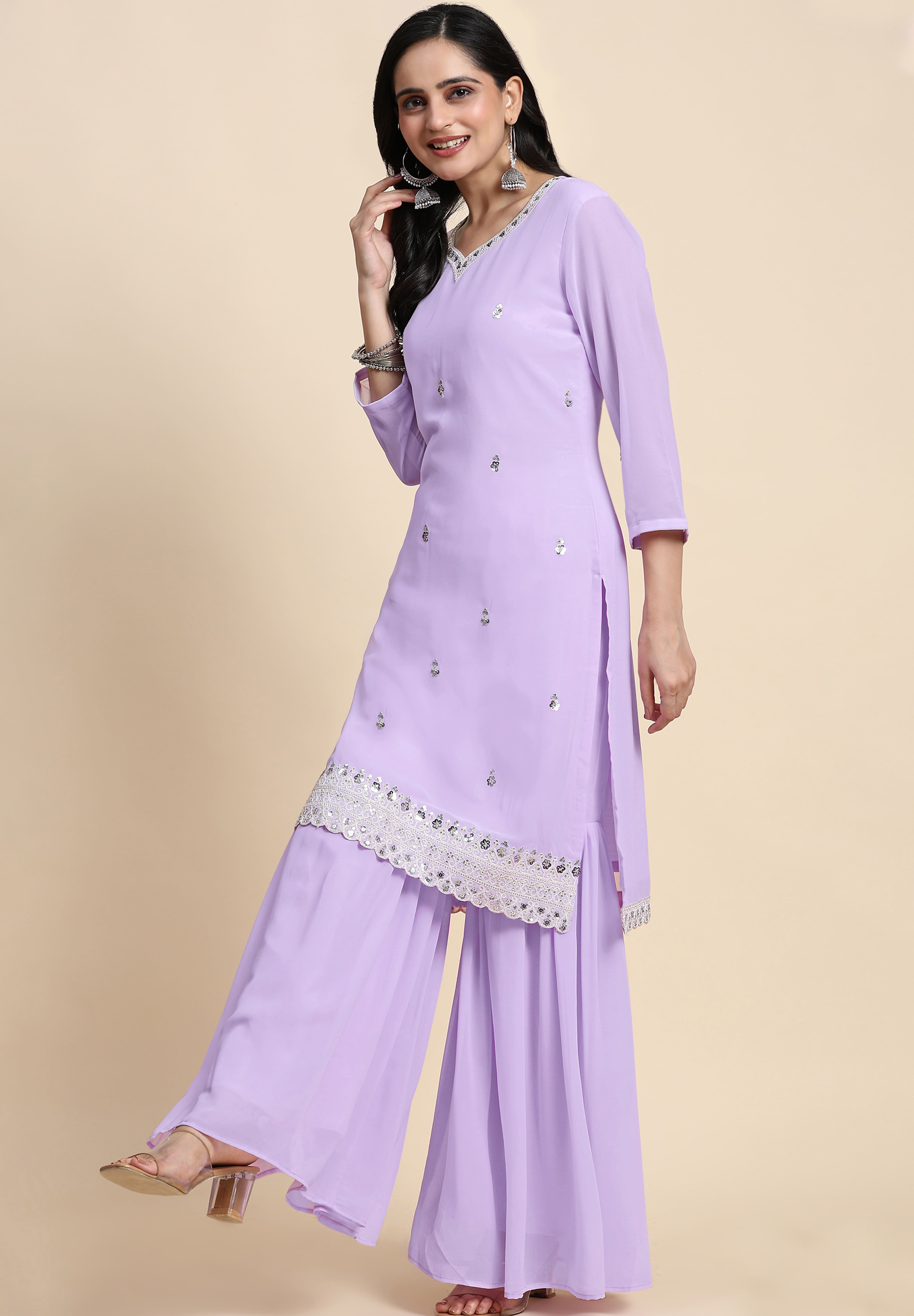 Light Purple Georgette Embroidery Sequins Work Kurta Sharara Set with Dupatta Kurta Set for Women Trendmallsin