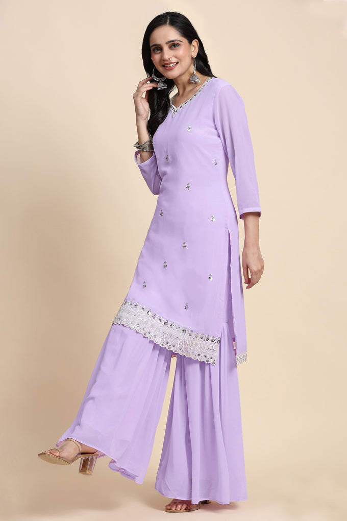 Light Purple Georgette Embroidery Sequins Work Kurta Sharara Set with Dupatta Kurta Set for Women Trendmallsin