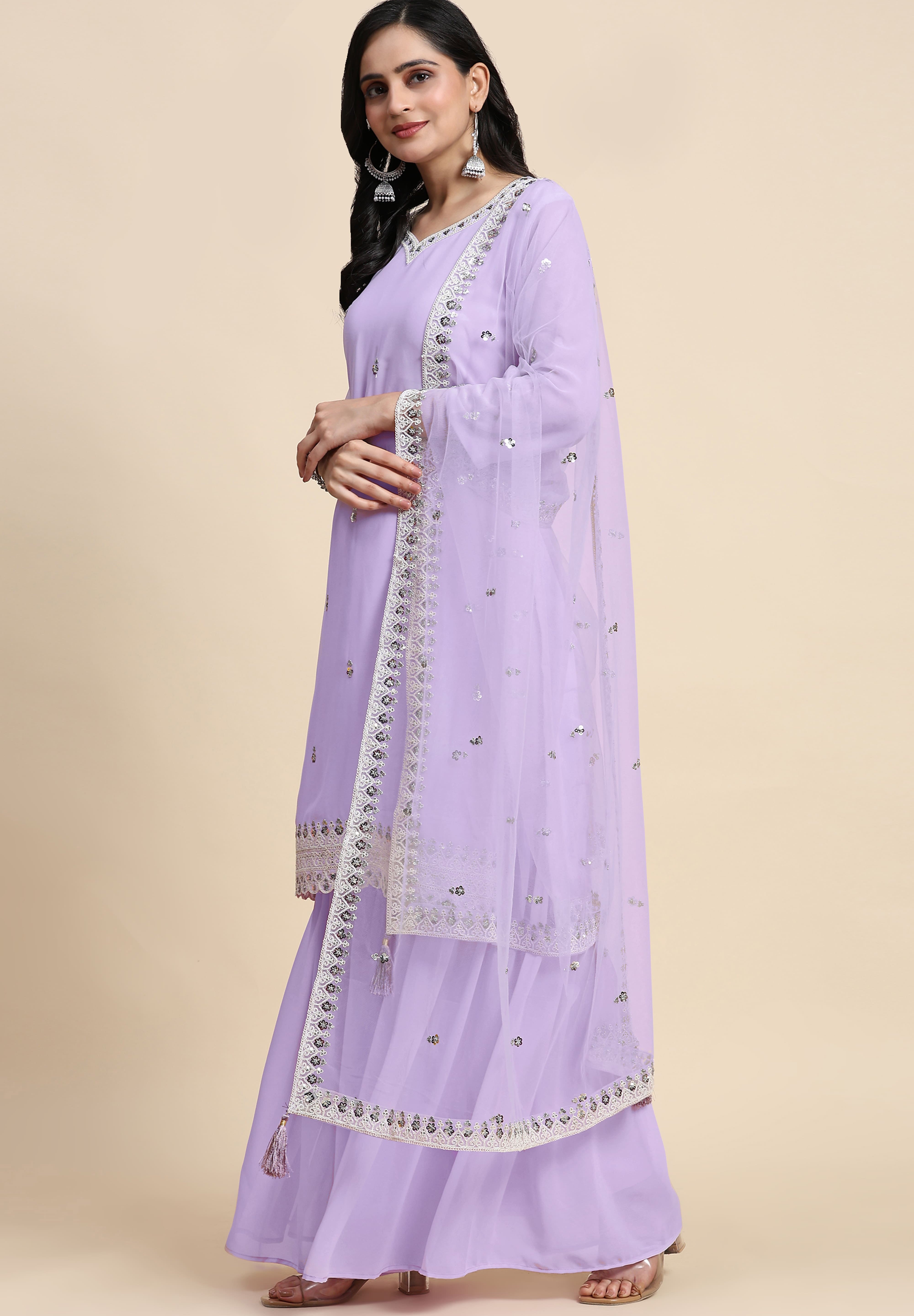 Light Purple Georgette Embroidery Sequins Work Kurta Sharara Set with Dupatta Kurta Set for Women Trendmallsin