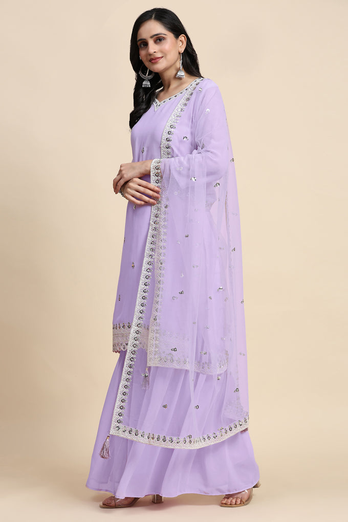 Light Purple Georgette Embroidery Sequins Work Kurta Sharara Set with Dupatta Kurta Set for Women Trendmallsin