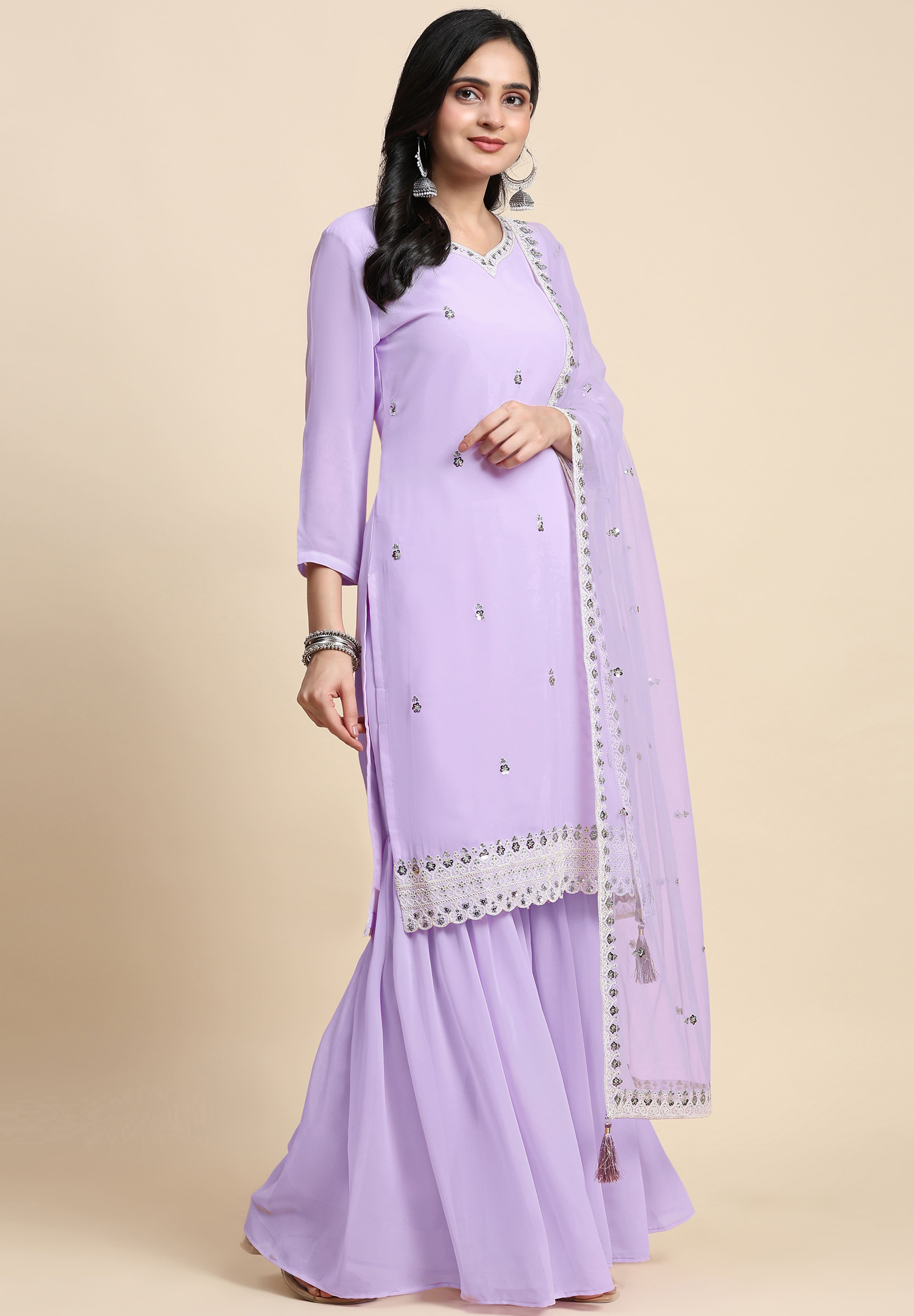 Light Purple Georgette Embroidery Sequins Work Kurta Sharara Set with Dupatta Kurta Set for Women Trendmallsin