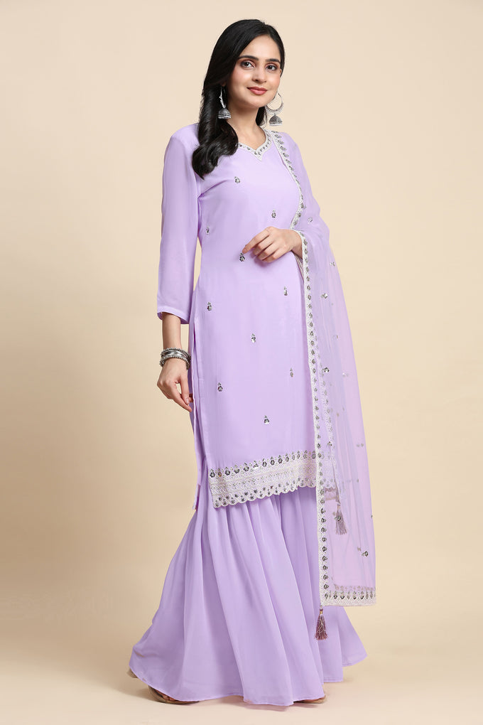 Light Purple Georgette Embroidery Sequins Work Kurta Sharara Set with Dupatta Kurta Set for Women Trendmallsin