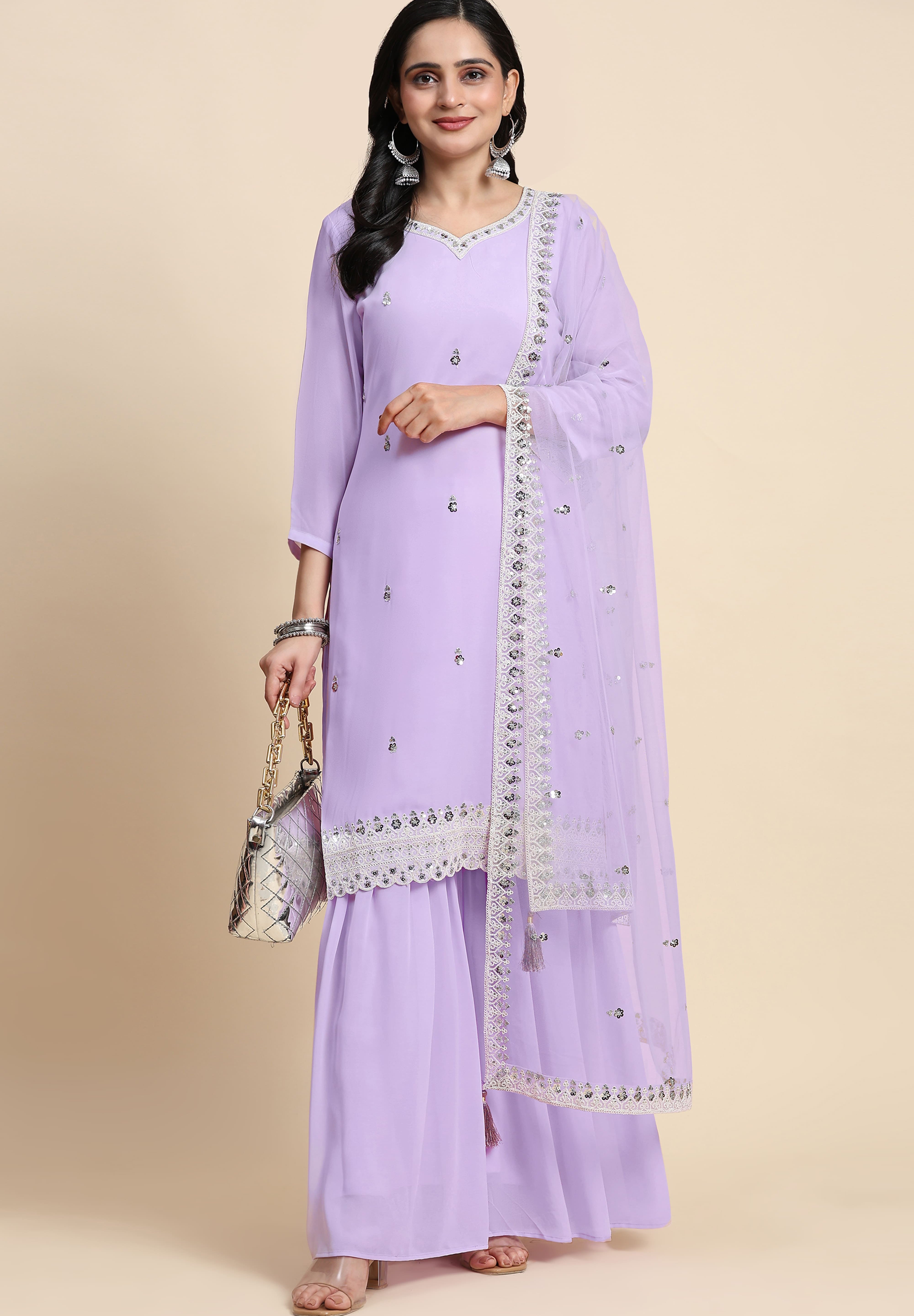 Light Purple Georgette Embroidery Sequins Work Kurta Sharara Set with Dupatta Kurta Set for Women Trendmallsin