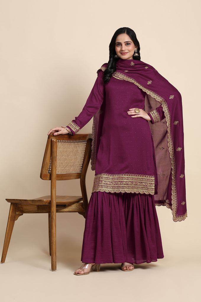 Women's Art Silk Embroidery Kurta Sharara Set with Dupatta Salwar Suit Set Trendmallsin