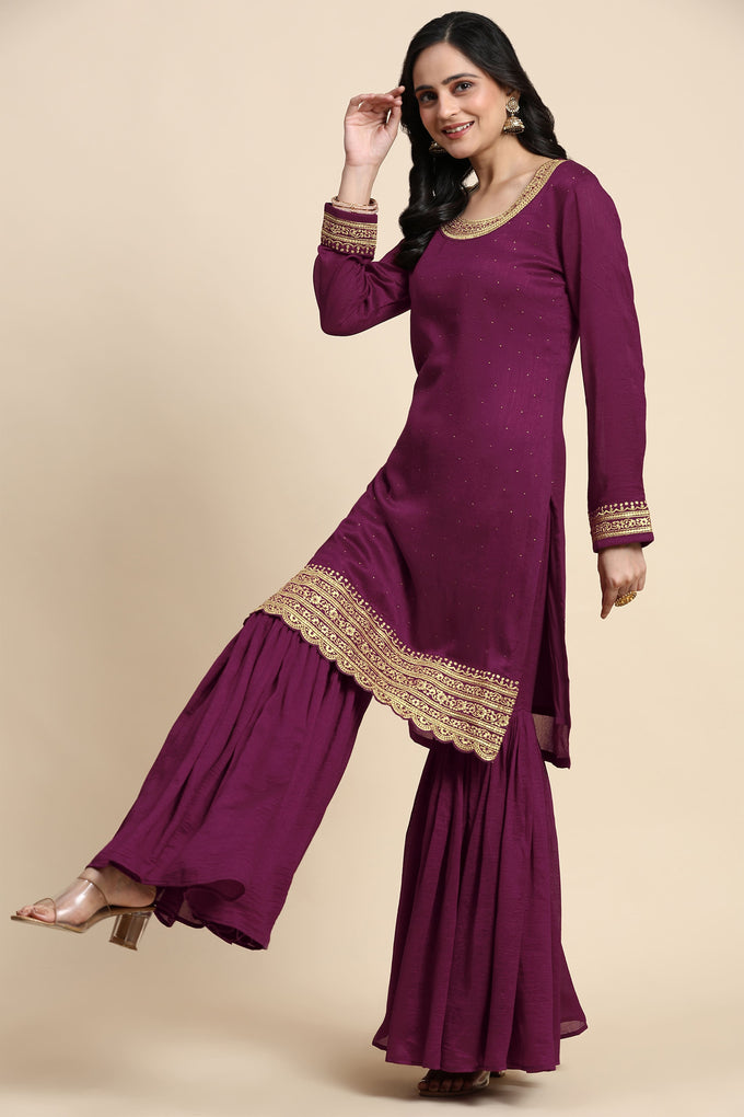 Women's Art Silk Embroidery Kurta Sharara Set with Dupatta Salwar Suit Set Trendmallsin