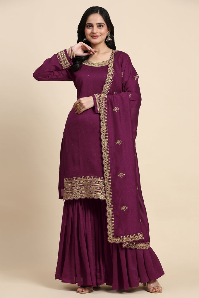 Women's Art Silk Embroidery Kurta Sharara Set with Dupatta Salwar Suit Set Trendmallsin