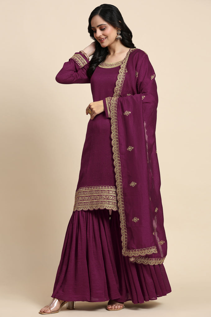 Women's Art Silk Embroidery Kurta Sharara Set with Dupatta Salwar Suit Set Trendmallsin