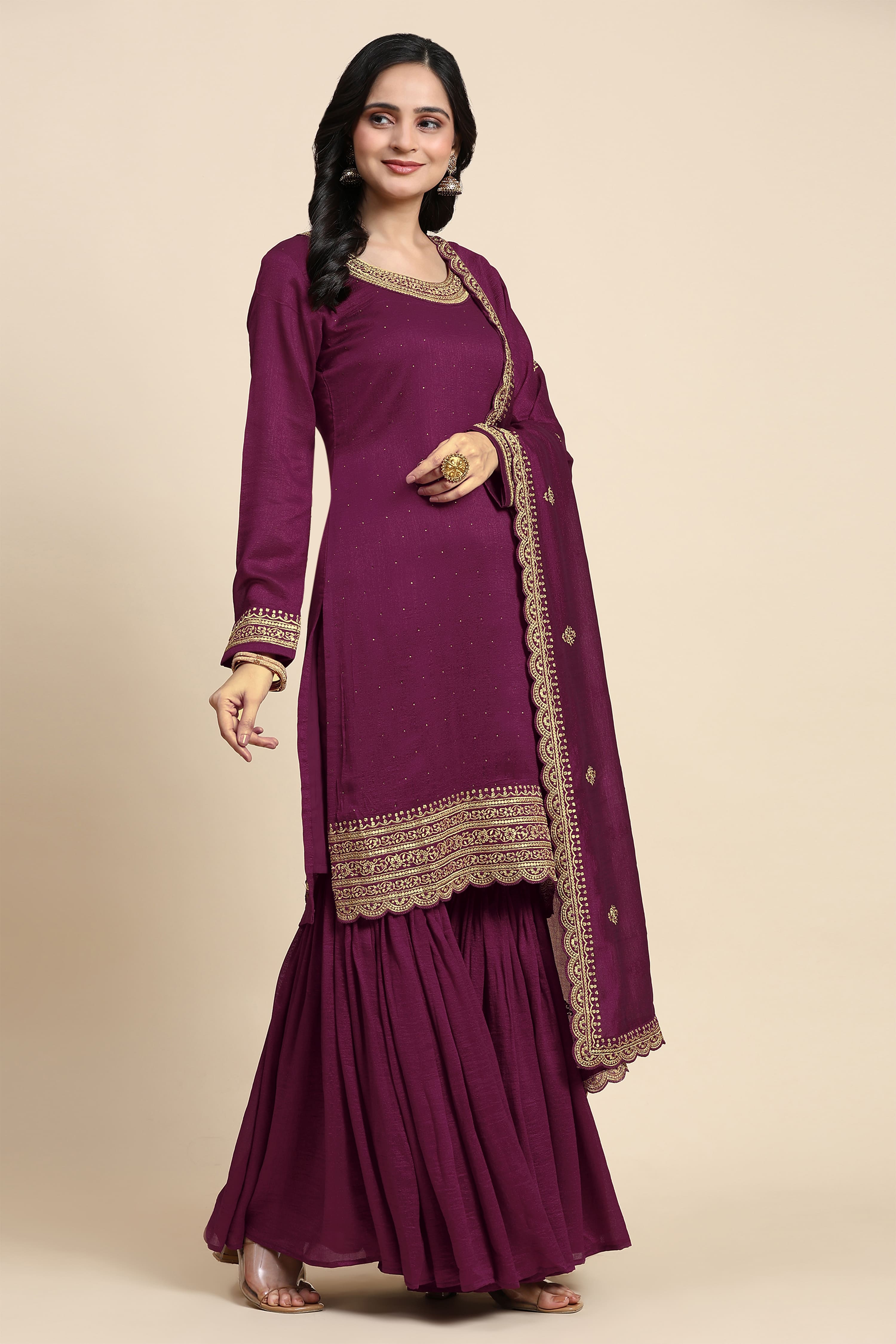 Women's Art Silk Embroidery Kurta Sharara Set with Dupatta Salwar Suit Set Trendmallsin