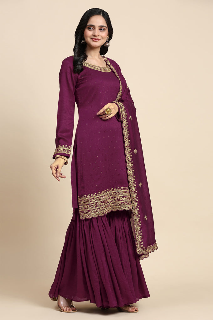 Women's Art Silk Embroidery Kurta Sharara Set with Dupatta Salwar Suit Set Trendmallsin