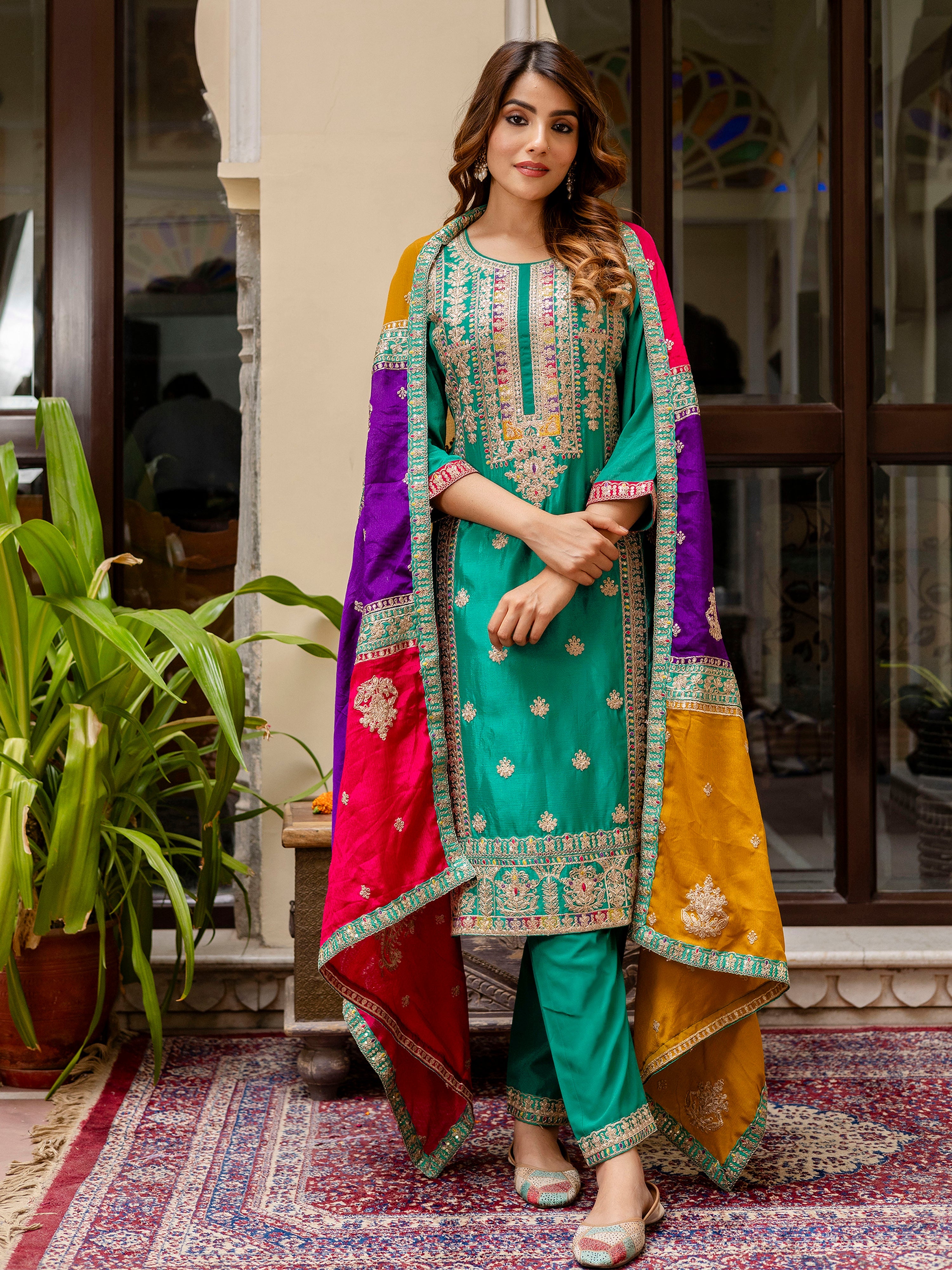 Green Silk Heavy Embroidered Sequence Work Salwar Suit Set with Dupatta Multi Color Trend For Women's Trendmallsin