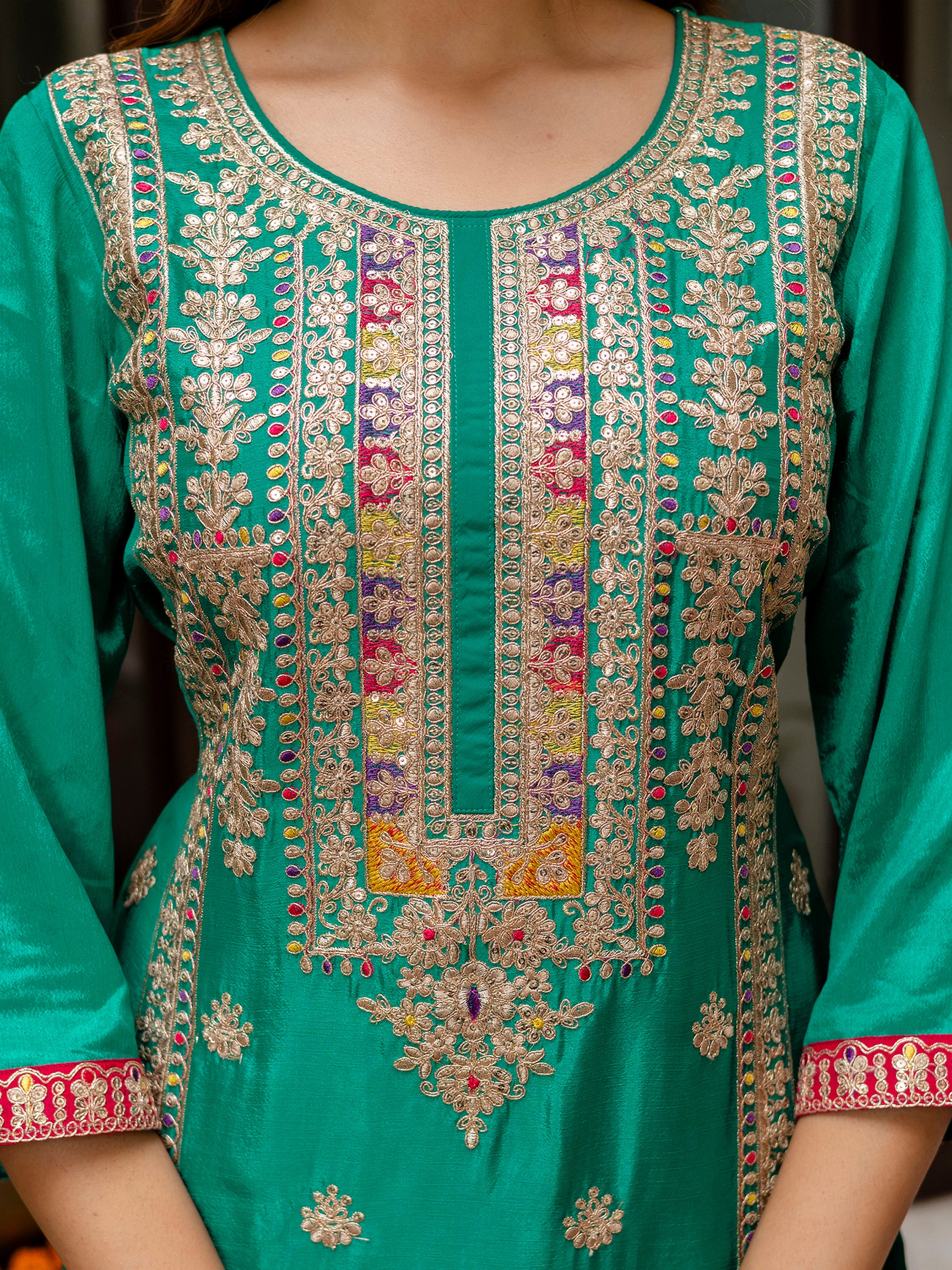 Green Silk Heavy Embroidered Sequence Work Salwar Suit Set with Dupatta Multi Color Trend For Women's Trendmallsin
