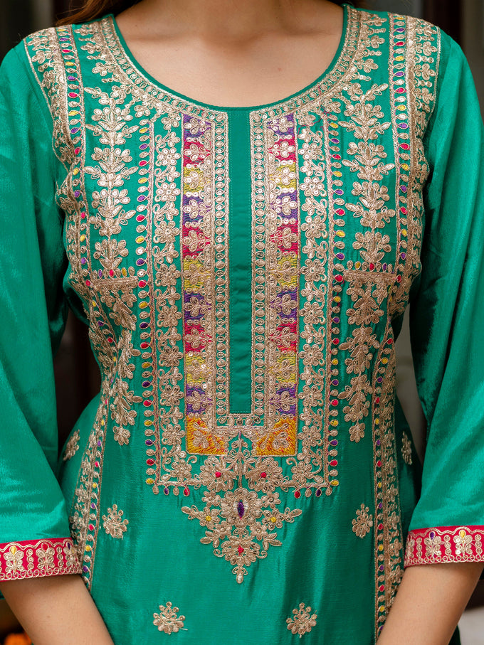 Green Silk Heavy Embroidered Sequence Work Salwar Suit Set with Dupatta Multi Color Trend For Women's Trendmallsin