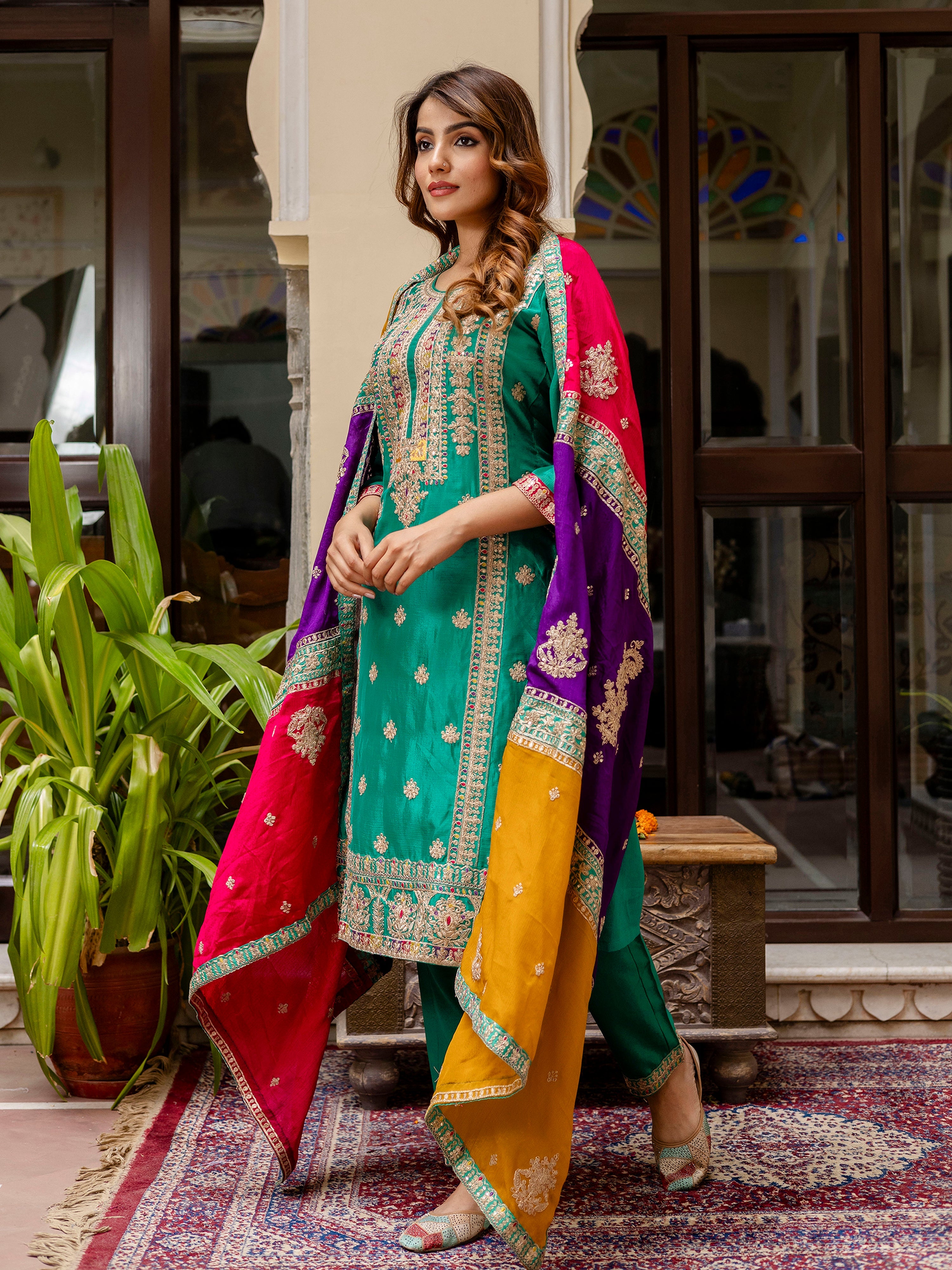Green Silk Heavy Embroidered Sequence Work Salwar Suit Set with Dupatta Multi Color Trend For Women's Trendmallsin