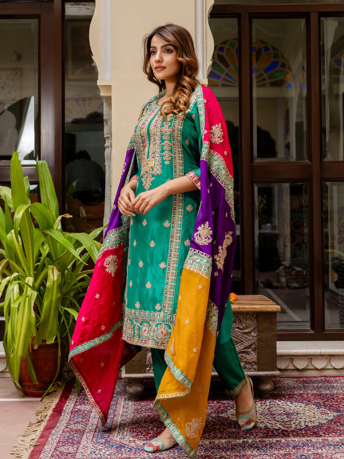 Green Silk Heavy Embroidered Sequence Work Salwar Suit Set with Dupatta Multi Color Trend For Women's Trendmallsin