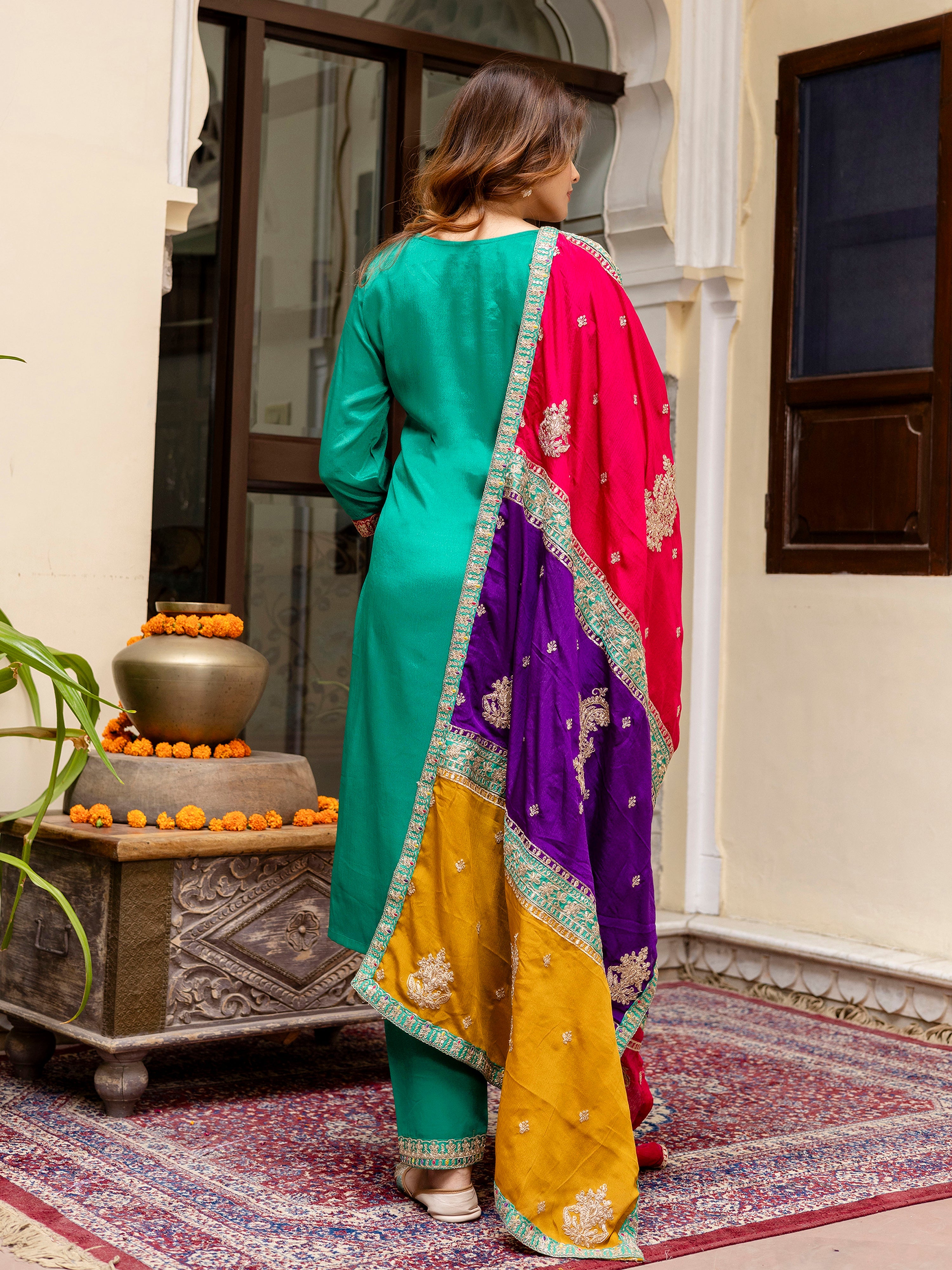 Green Silk Heavy Embroidered Sequence Work Salwar Suit Set with Dupatta Multi Color Trend For Women's Trendmallsin