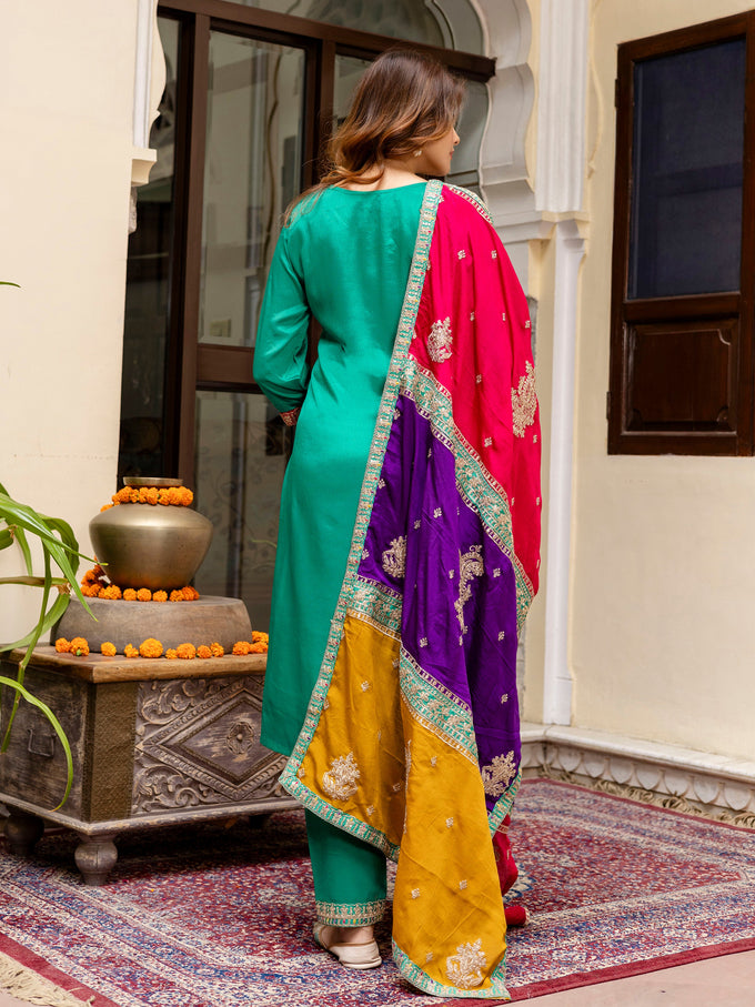 Green Silk Heavy Embroidered Sequence Work Salwar Suit Set with Dupatta Multi Color Trend For Women's Trendmallsin