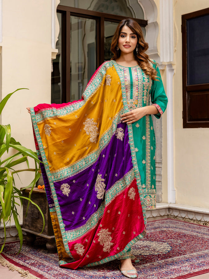 Green Silk Heavy Embroidered Sequence Work Salwar Suit Set with Dupatta Multi Color Trend For Women's Trendmallsin