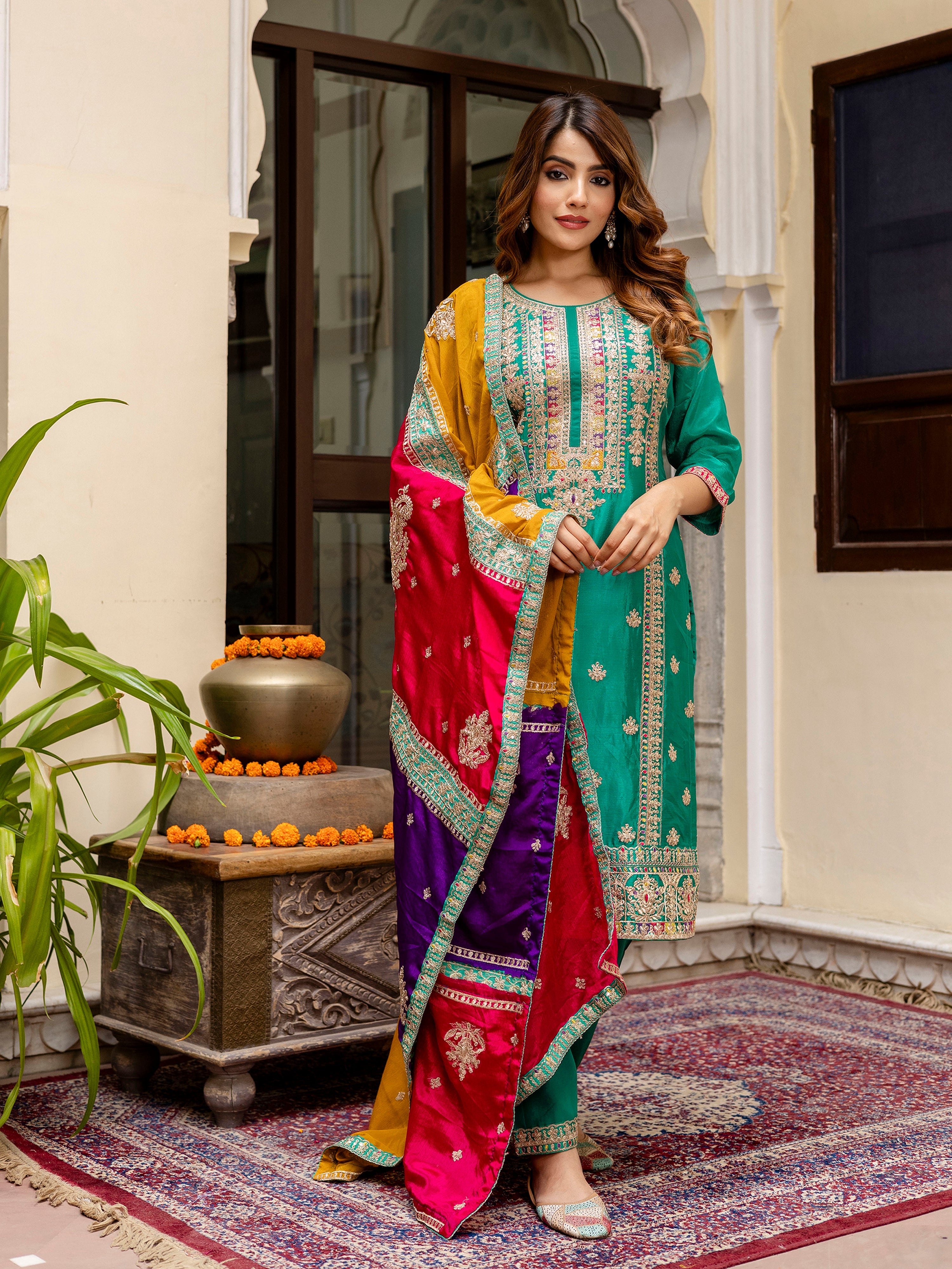 Green Silk Heavy Embroidered Sequence Work Salwar Suit Set with Dupatta Multi Color Trend For Women's Trendmallsin