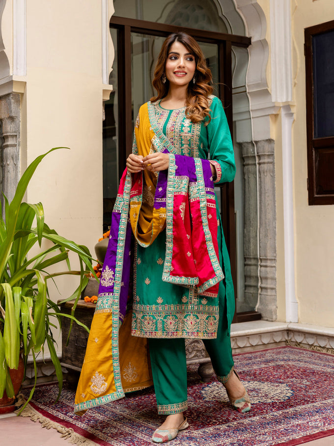 Green Silk Heavy Embroidered Sequence Work Salwar Suit Set with Dupatta Multi Color Trend For Women's Trendmallsin