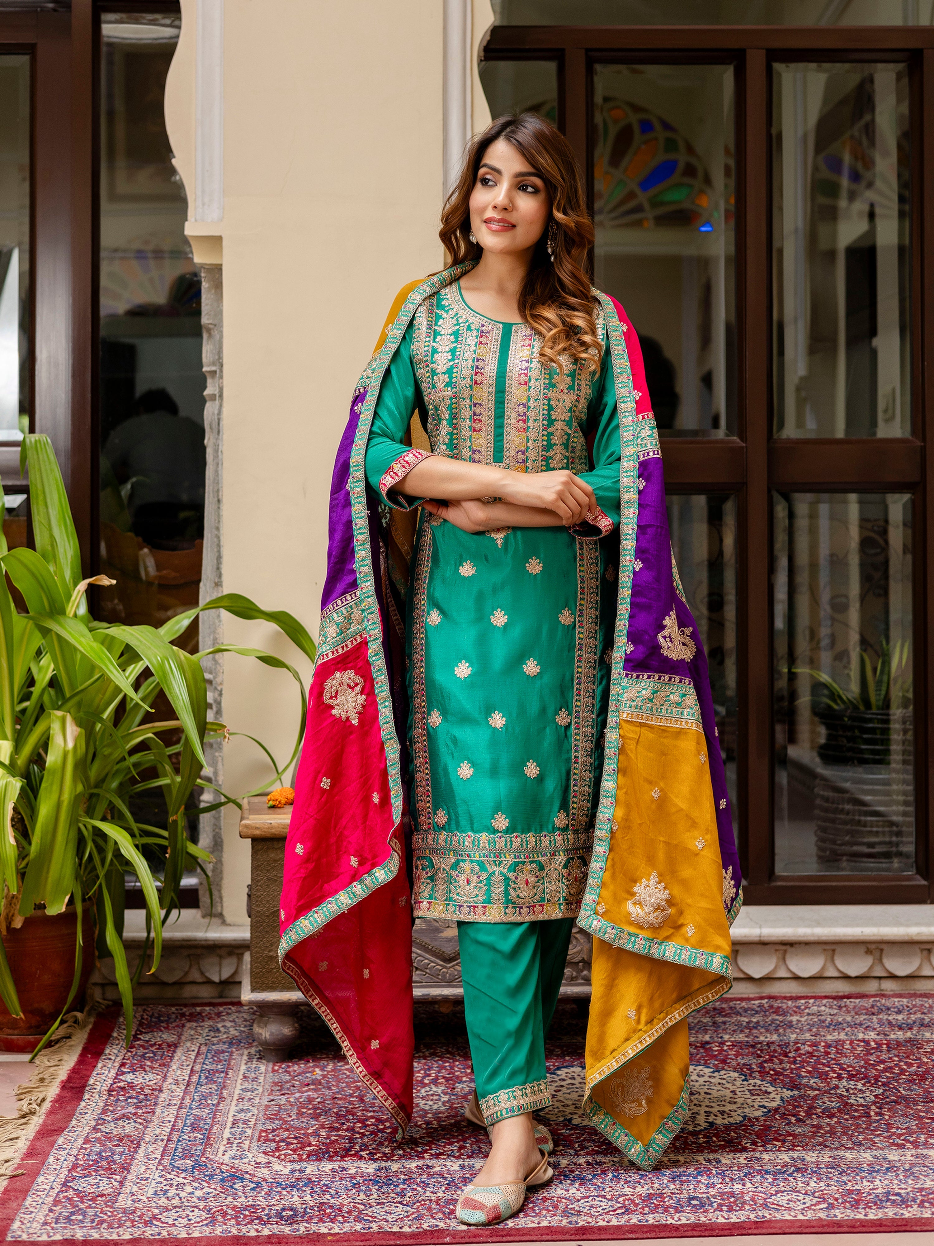 Green Silk Heavy Embroidered Sequence Work Salwar Suit Set with Dupatta Multi Color Trend For Women's Trendmallsin