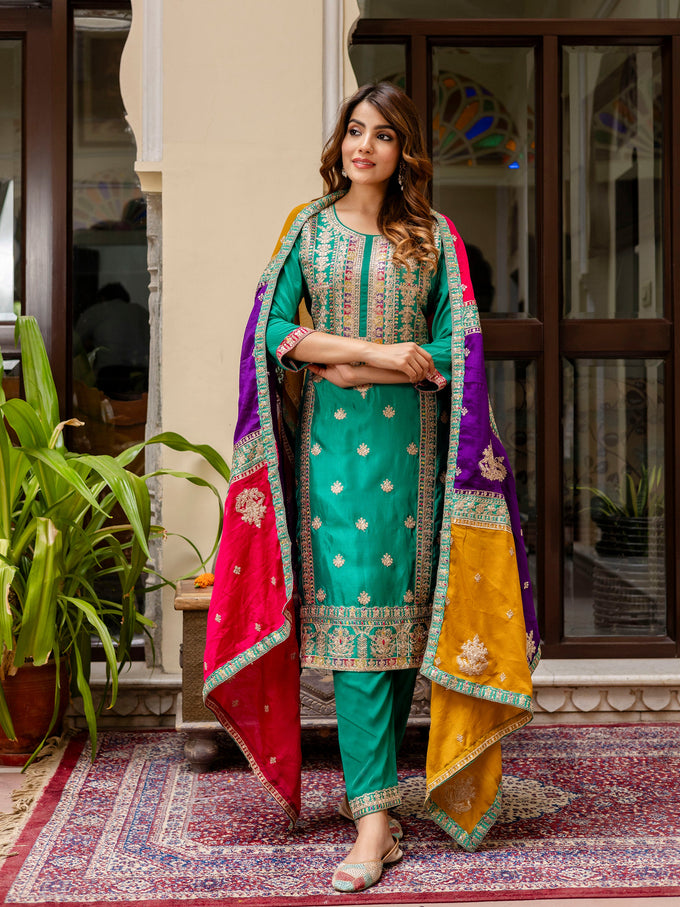 Green Silk Heavy Embroidered Sequence Work Salwar Suit Set with Dupatta Multi Color Trend For Women's Trendmallsin