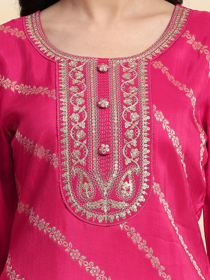 Pink Jaquard Silk Embroidery Sequence Work Kurta Pant with Dupatta Trendmalls