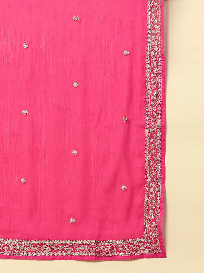 Pink Jaquard Silk Embroidery Sequence Work Kurta Pant with Dupatta Trendmalls