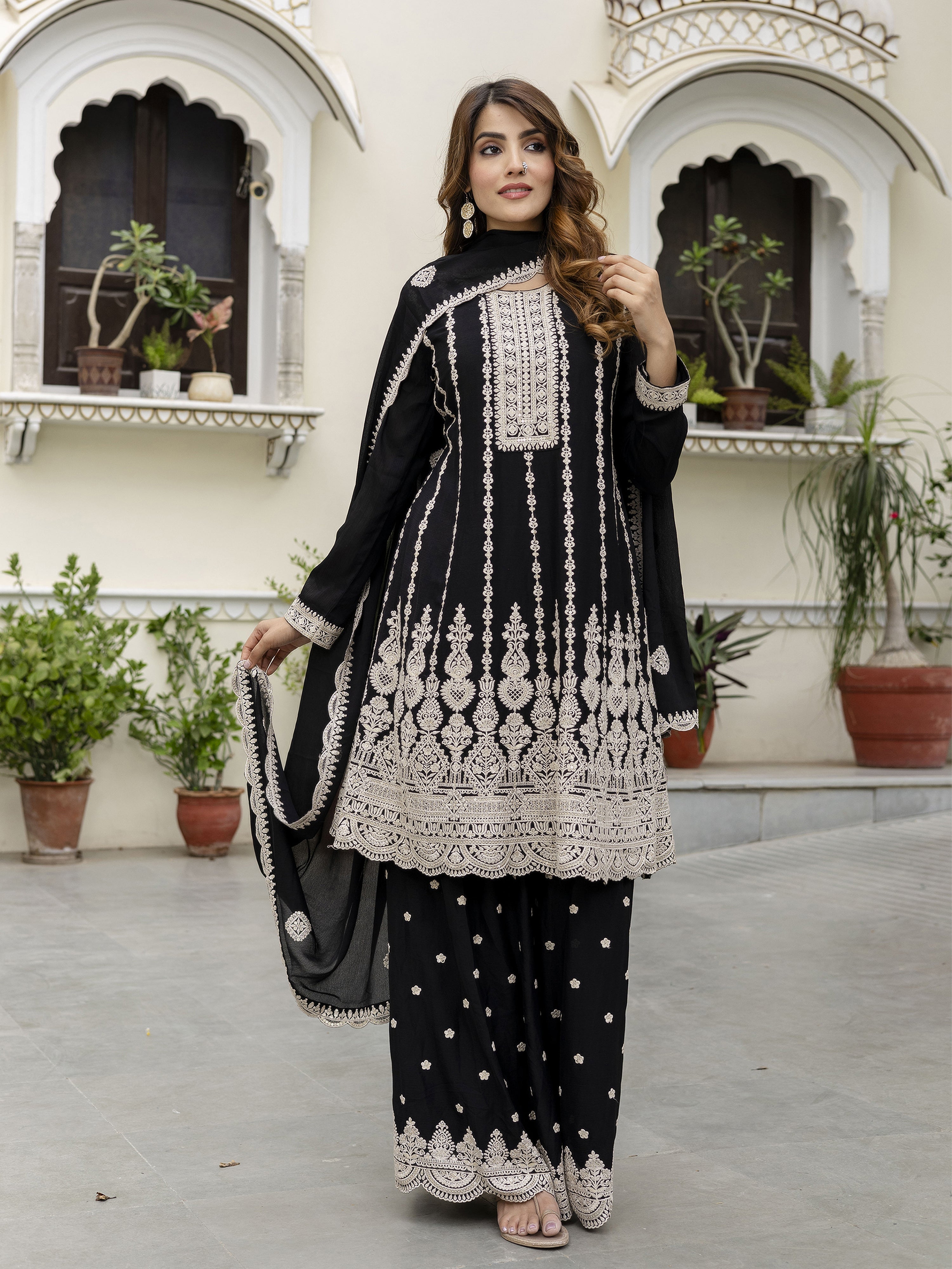 Black Art Silk Embroidery Salwar Suit Set with Dupatta For Women's Trendmalls