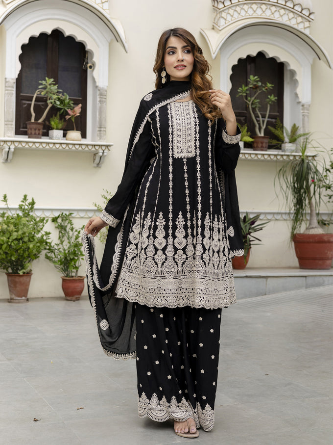 Black Art Silk Embroidery Salwar Suit Set with Dupatta For Women's Trendmalls