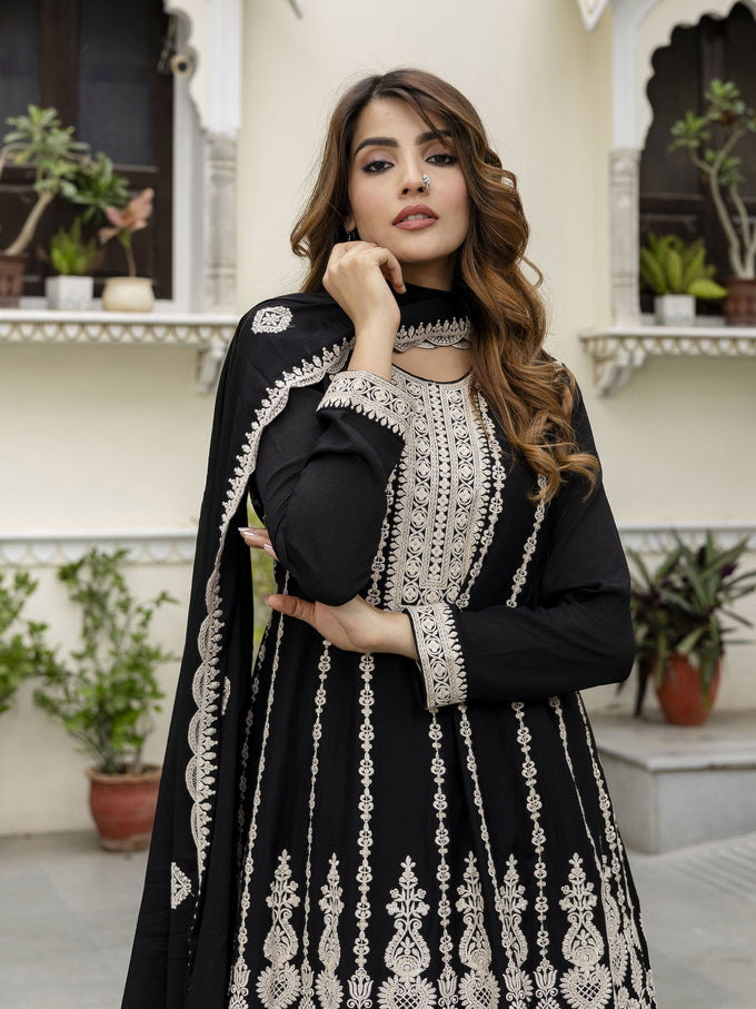 Black Art Silk Embroidery Salwar Suit Set with Dupatta For Women's Trendmalls