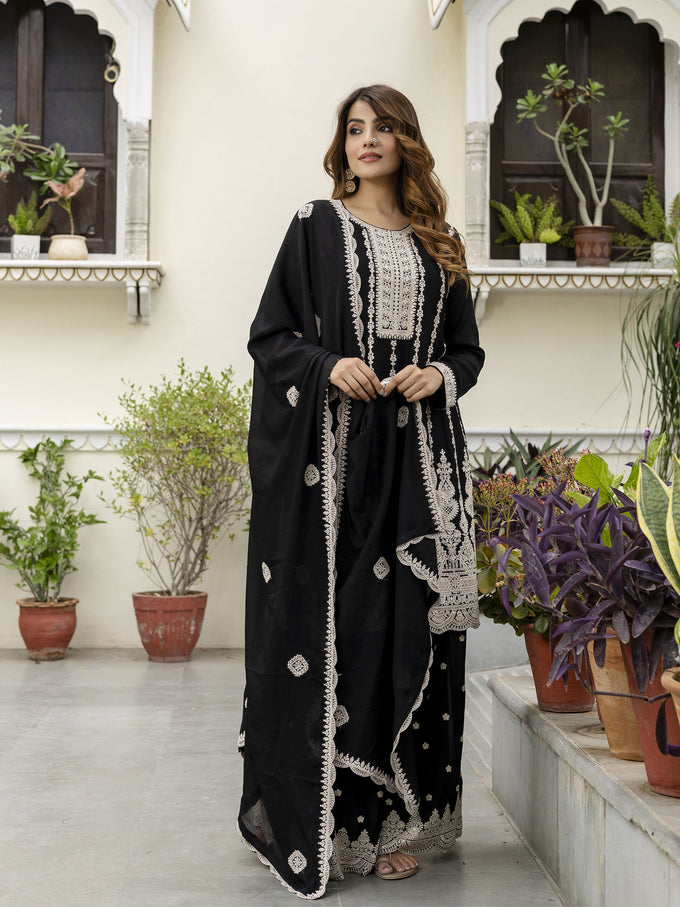Black Art Silk Embroidery Salwar Suit Set with Dupatta For Women's Trendmalls