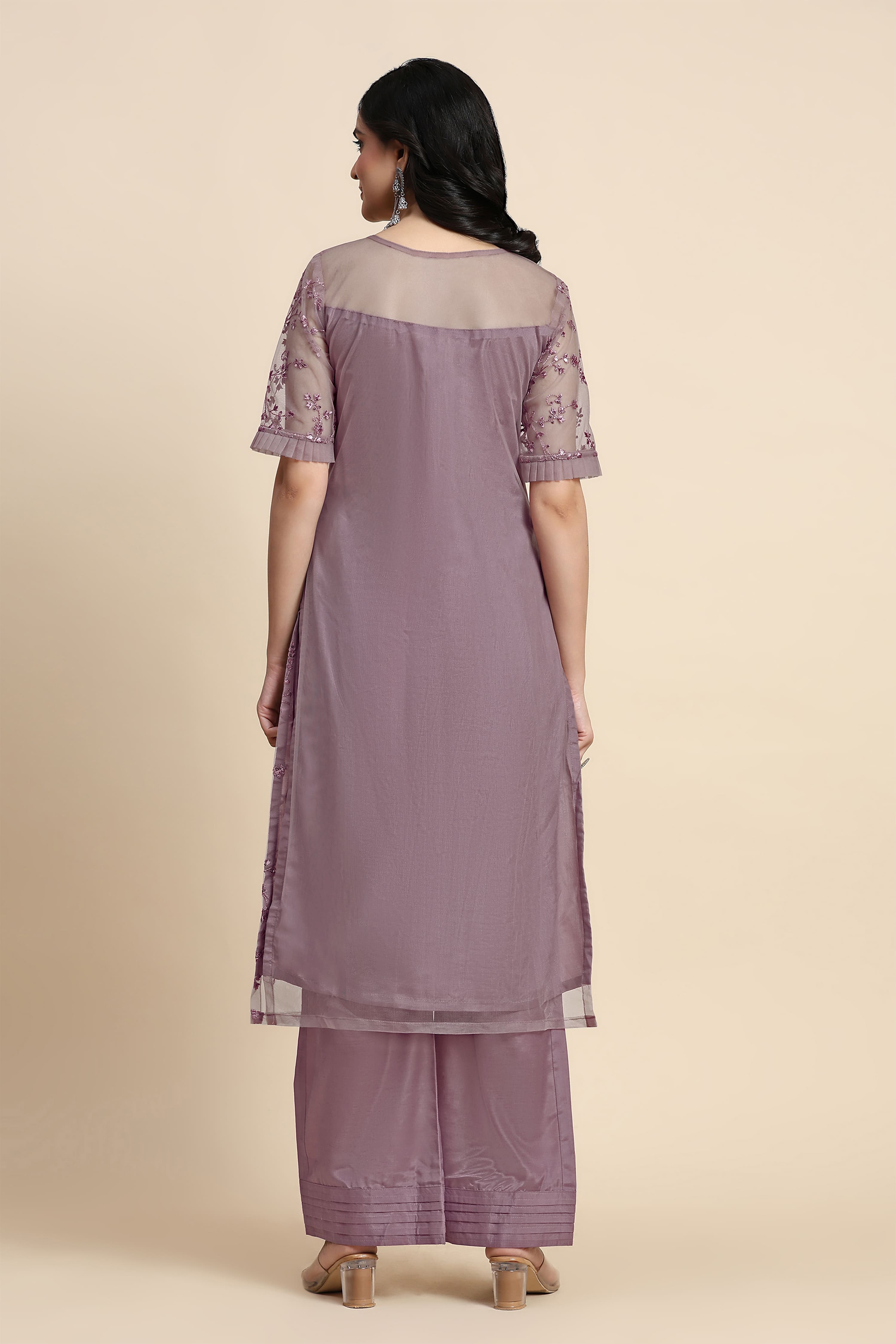 Women's Net Embroidery Sequence Work Kurta Palazzo Set with Dupatta Kurta Set for Women Trendmallsin