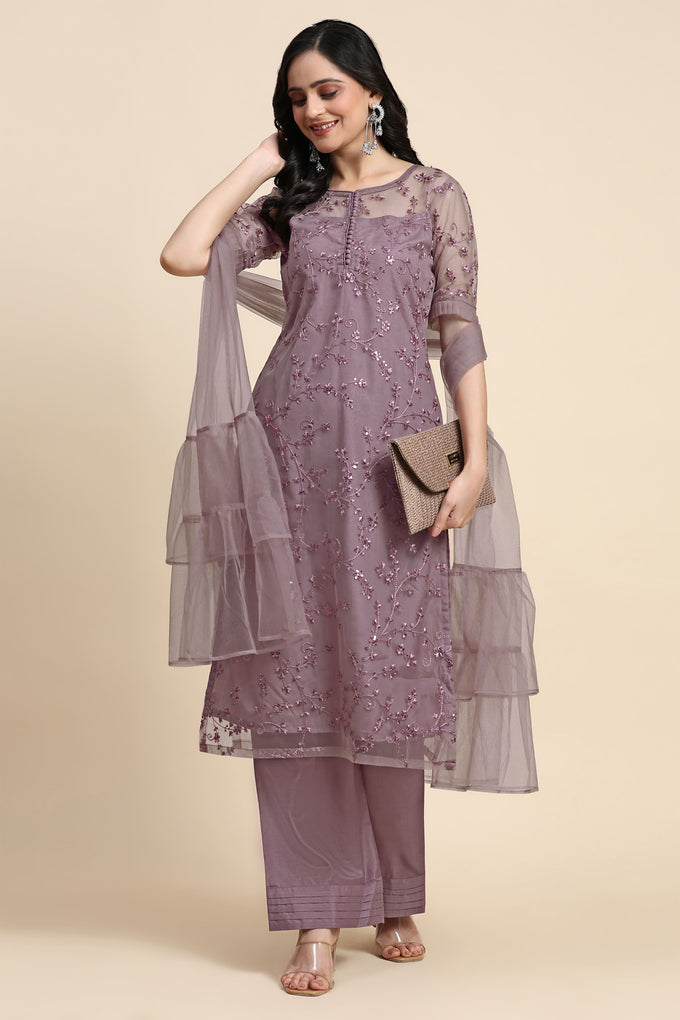 Women's Net Embroidery Sequence Work Kurta Palazzo Set with Dupatta Kurta Set for Women Trendmallsin