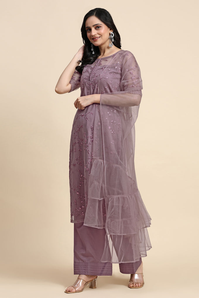 Women's Net Embroidery Sequence Work Kurta Palazzo Set with Dupatta Kurta Set for Women Trendmallsin