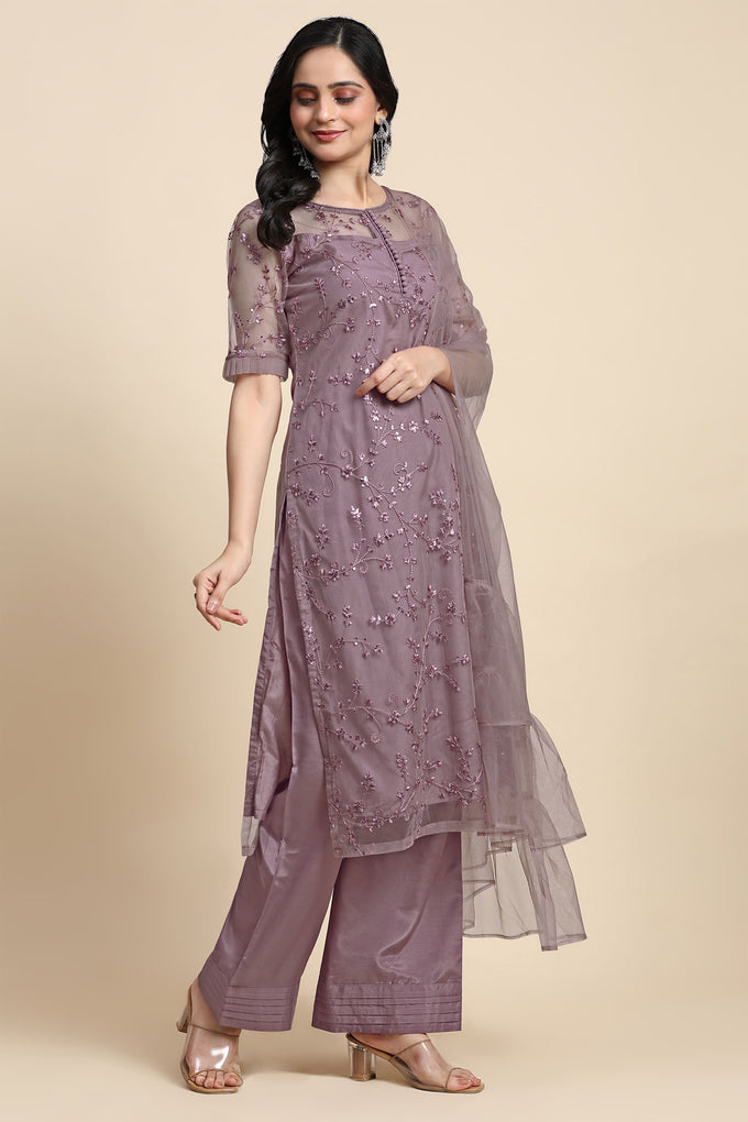 Women's Net Embroidery Sequence Work Kurta Palazzo Set with Dupatta Kurta Set for Women Trendmallsin
