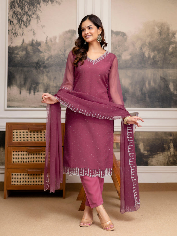 Pink Chiffon Siroski Zarkan Work Kurta Pant Set with Dupatta For Women's Trendmallsin
