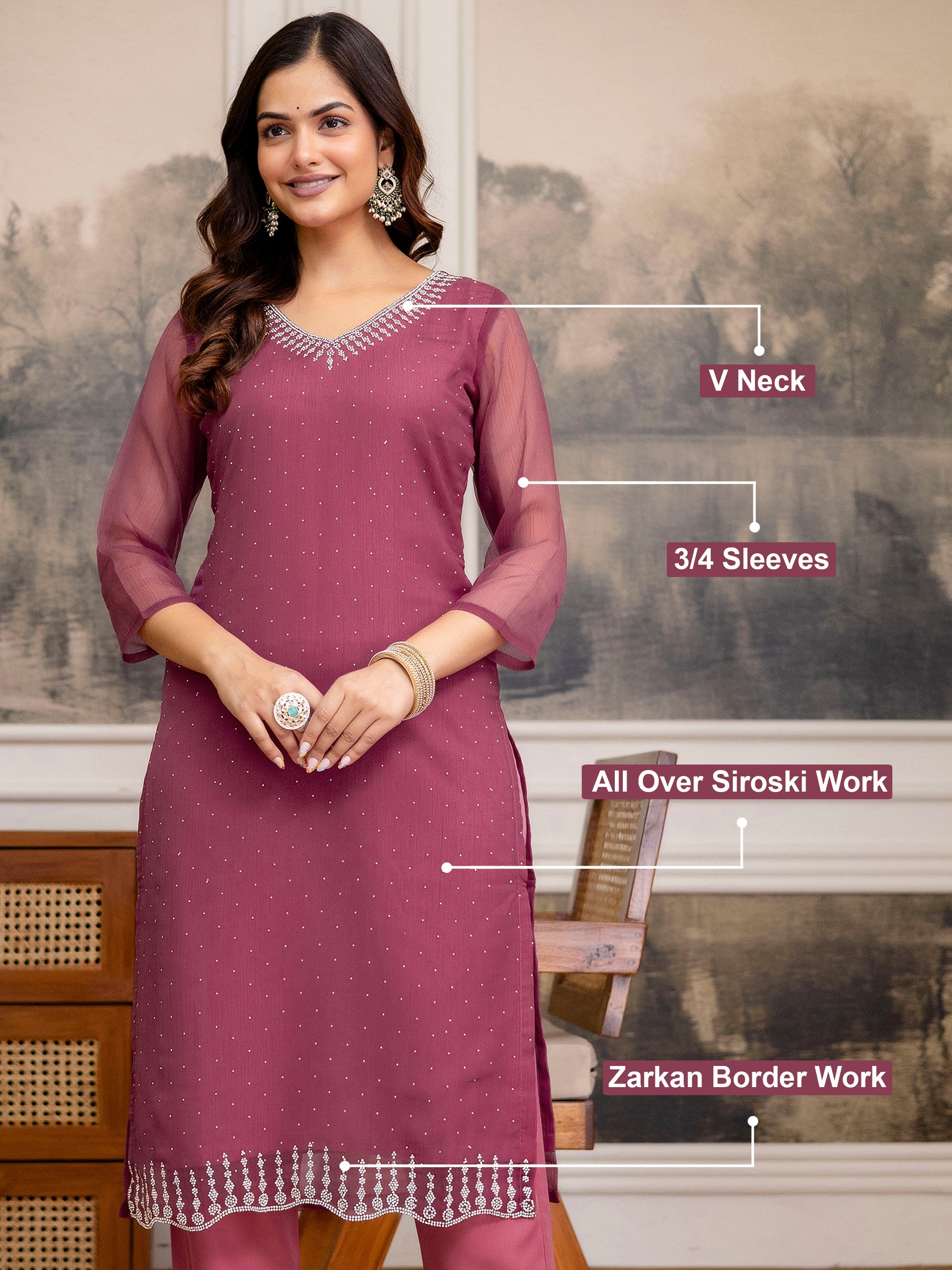 Pink Chiffon Siroski Zarkan Work Kurta Pant Set with Dupatta For Women's Trendmallsin