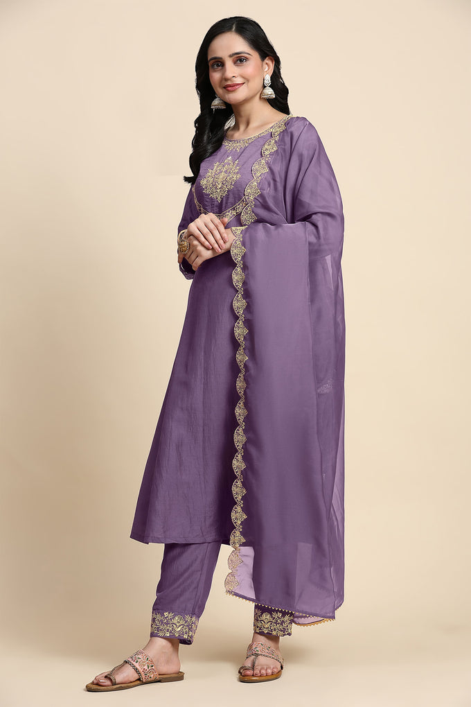 Light Purple Silk Blend Embroidery Anarkali Salwar Suit Set with Dupatta For Women's Trendmallsin