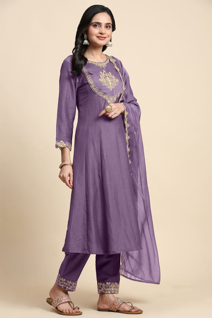 Light Purple Silk Blend Embroidery Anarkali Salwar Suit Set with Dupatta For Women's Trendmallsin