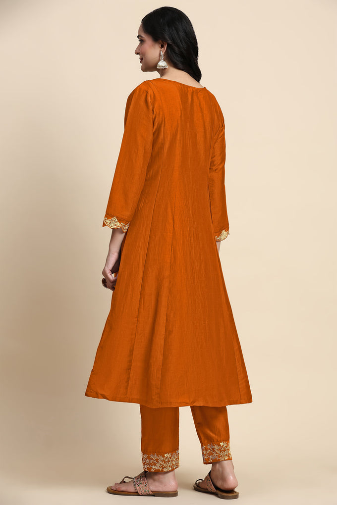 Orange Silk Blend Embroidery Anarkali Salwar Suit Set with Dupatta For Women's Trendmallsin