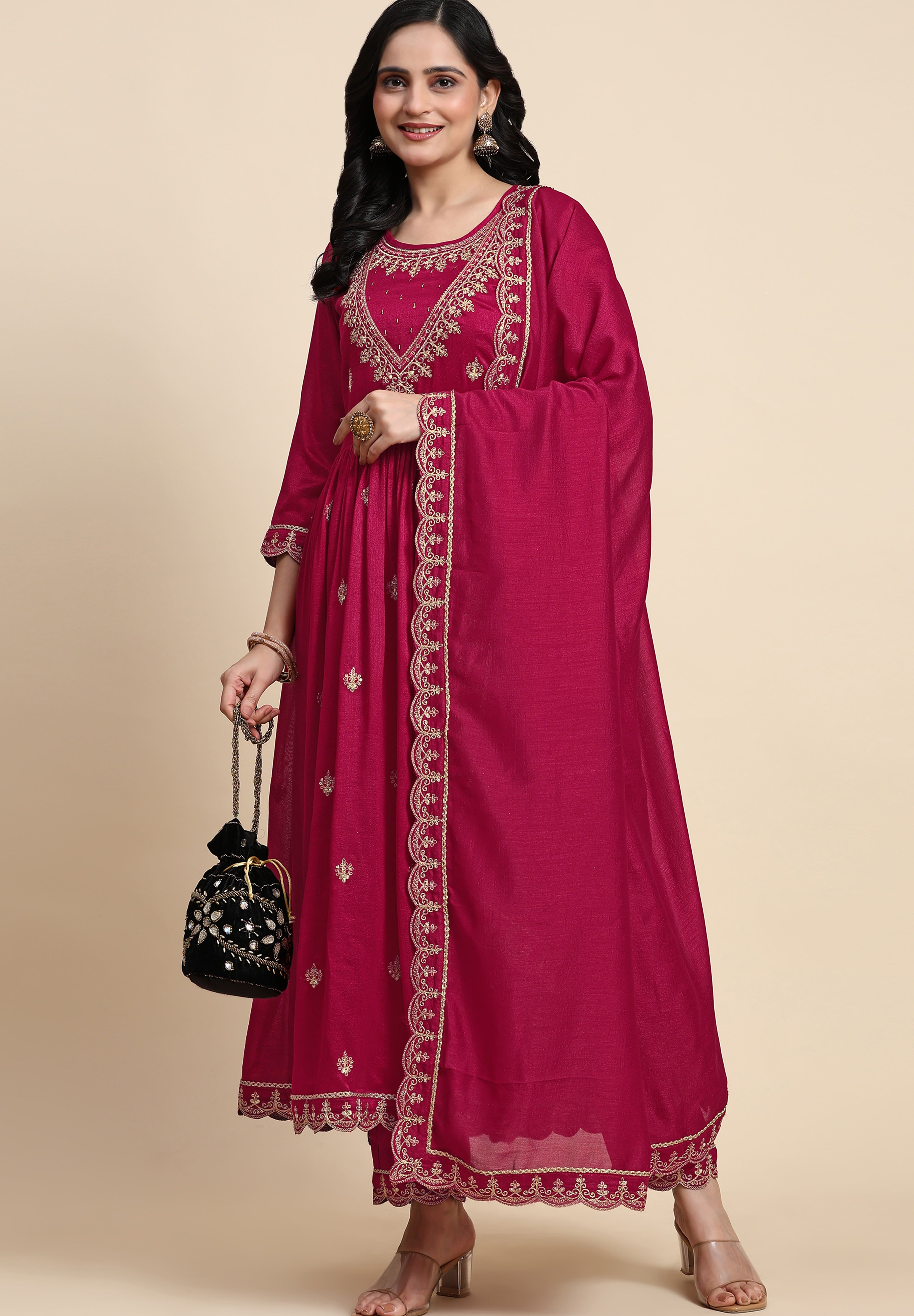 Pink Vichitra Silk Sequence Embroidery Anarkali Salwar Suit Set With Dupatta for Women's Trendmallsin